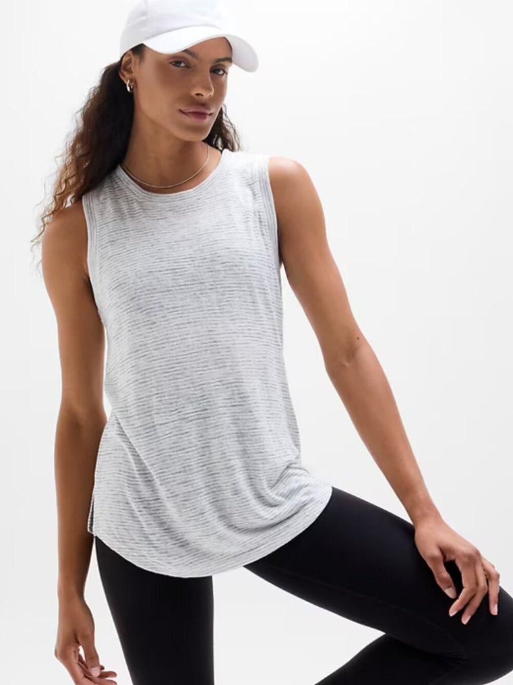 Athleta Breezy Tank Top in Grey and White Stripe